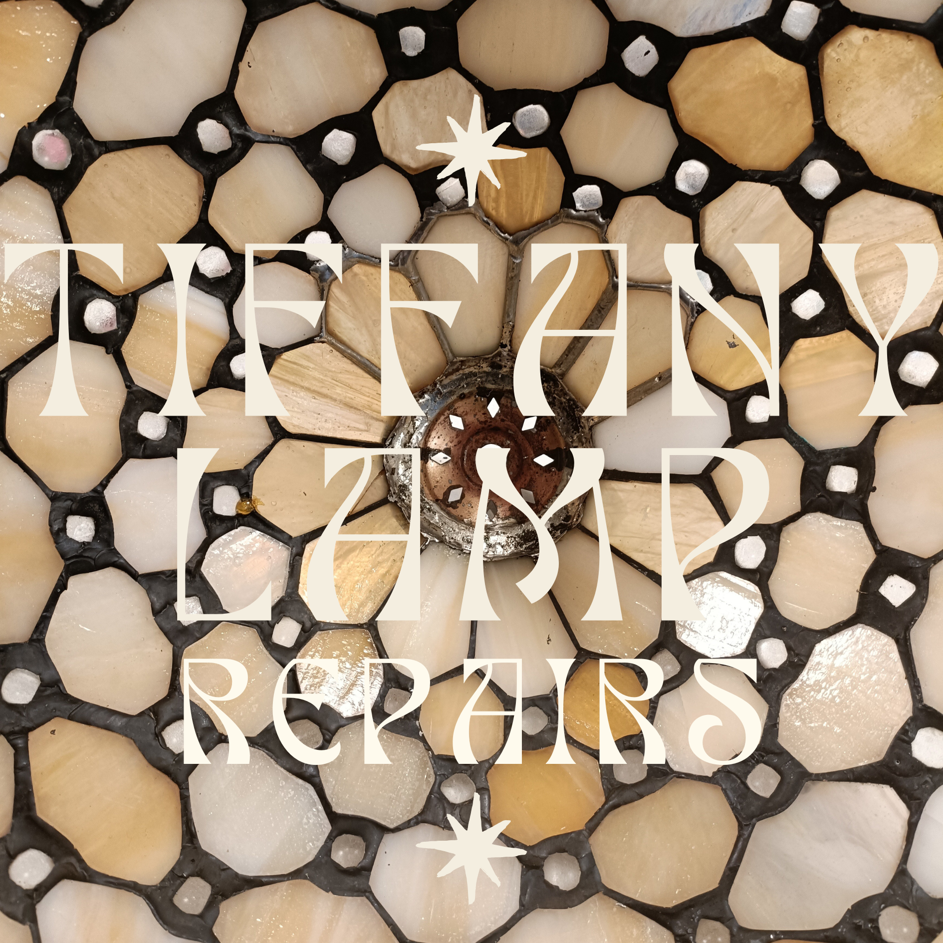 Image of a Tiffany lamp in the process of repair with the words 'Tiffany Lamp Repairs' overlayed