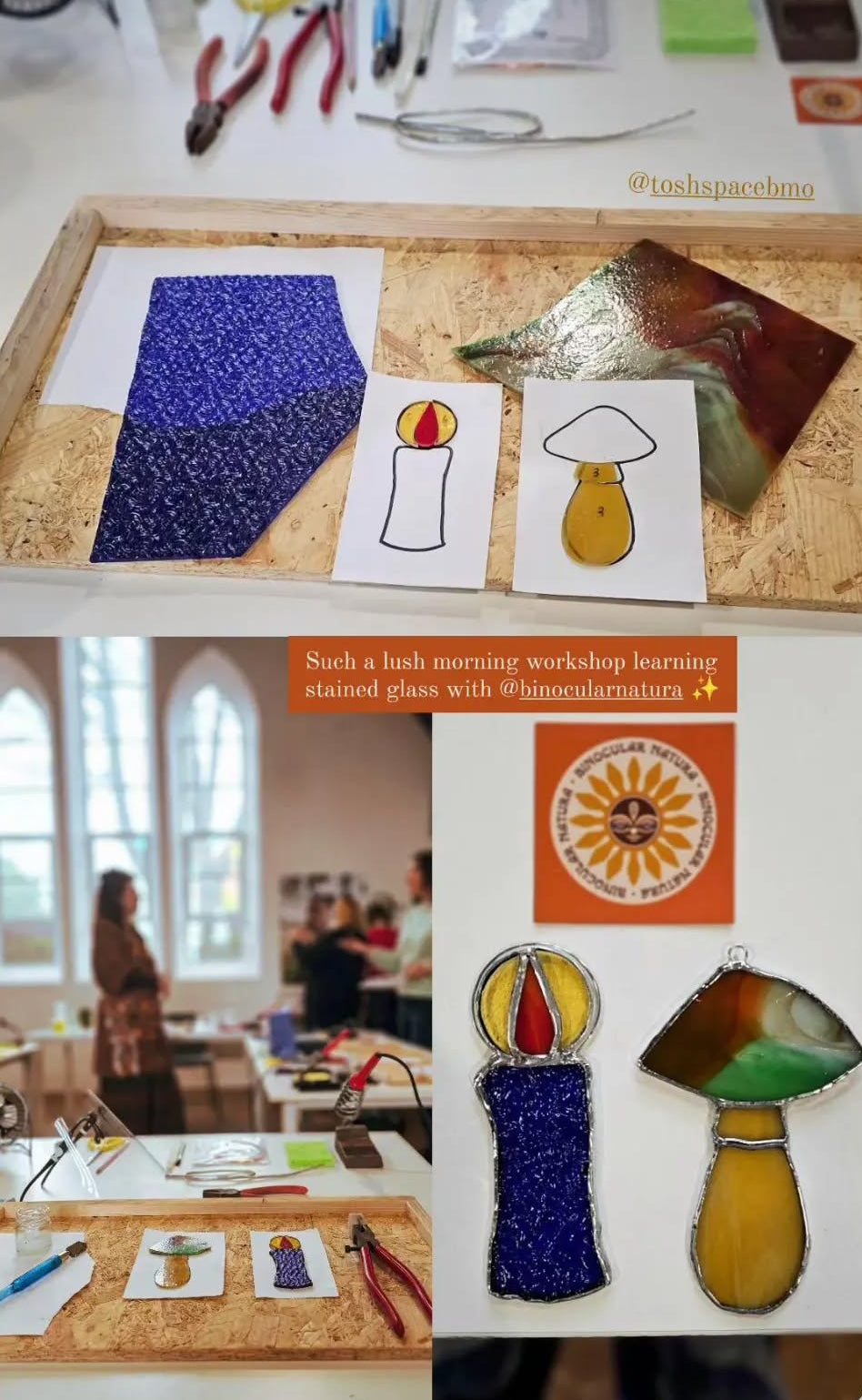 Collage of images from a stained glass workshop takes from a social media post featuring images of creative work desk, tools and finished stained glass mushroom and candle suncatchers